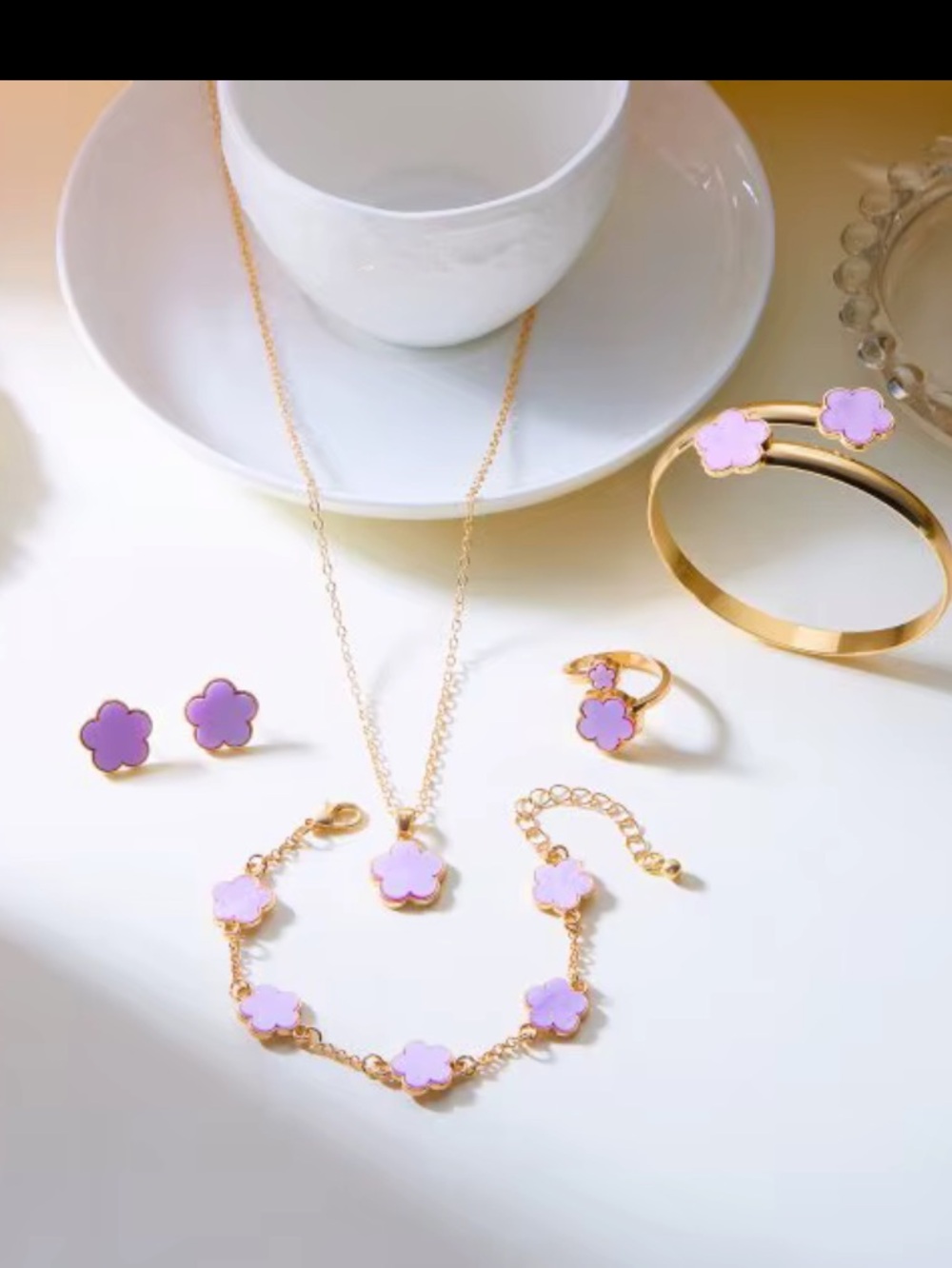 Gold Plated Floral Jewelry Set - Pink Four-Petal Design